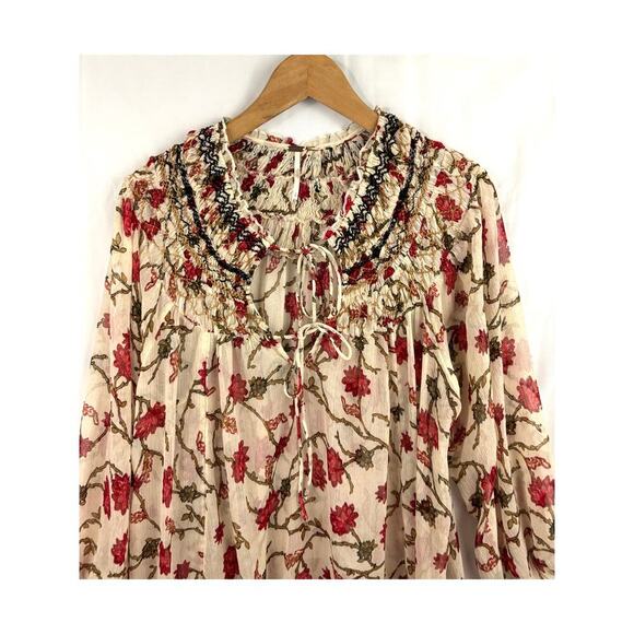 Free People Floral Ruffle Tunic Top Flounce Sleeve Boho Kara SMALL - Picture 3 of 11